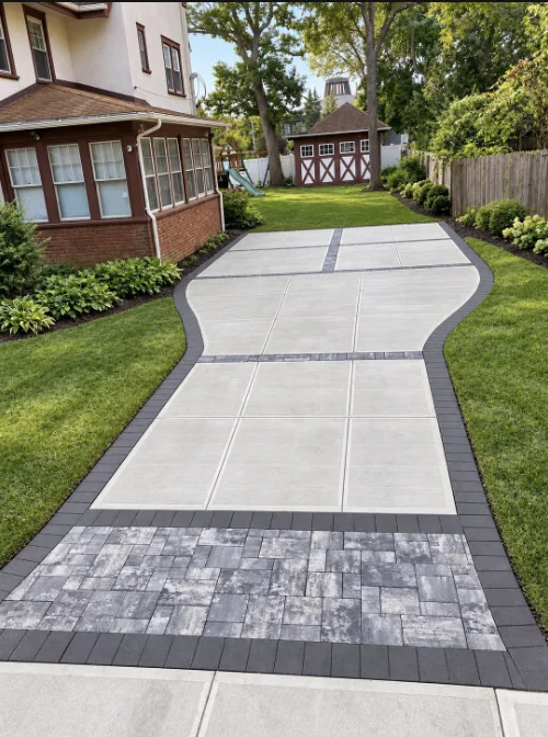 Backyard concrete hardscape with dark paver borders and a patterned paver inset.
