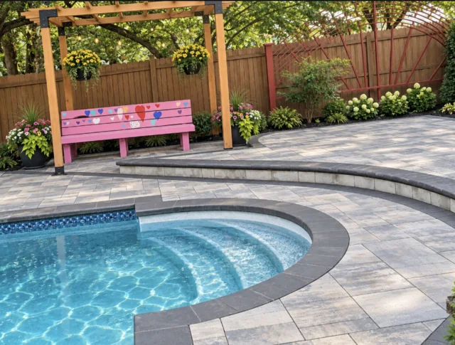 Curved dark pool coping beside gray pavers and a raised curved step.