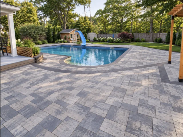 Gray paver pool surround with dark curved borders.
